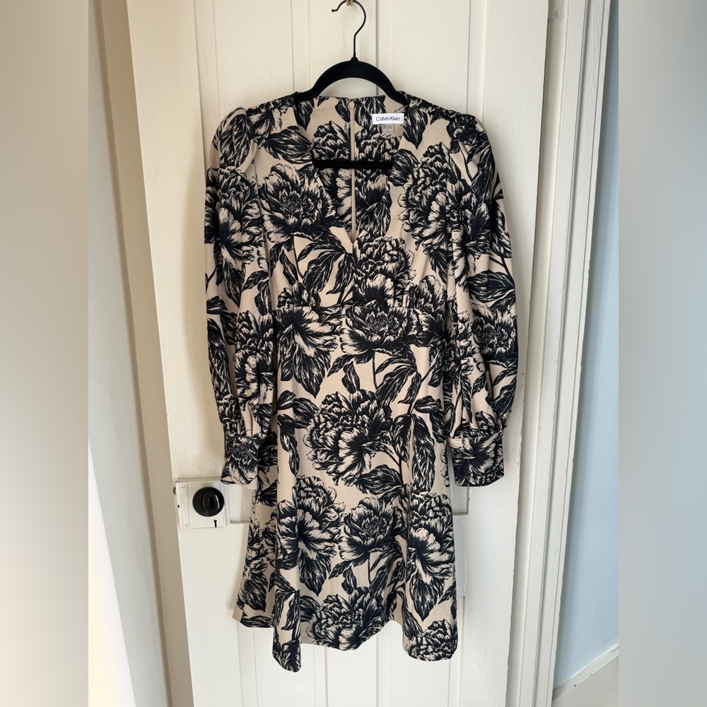 Calvin Klein Black Navy Cream Floral Long Sleeve Dress